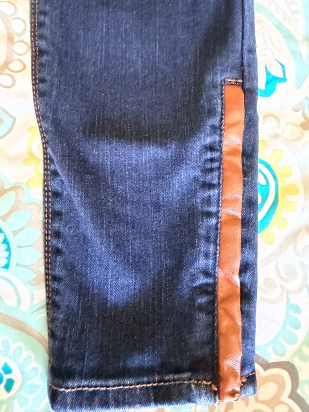 White House Black Market Dark Blue Skinny Jeans with Brown Trim zipper ankle - Picture 3 of 6
